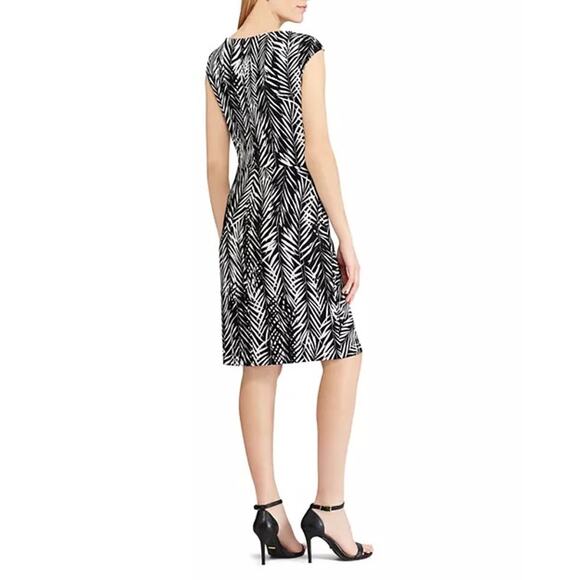 Ralph Lauren Joss Abstract Leaf Print Black White Midi Jersey Knit Dress Size 8 - Picture 2 of 9